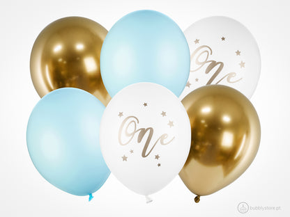 Balões de latex rosa com 30 centímetros de diâmetro para decoração festa aniversário de 1 ano / 1 aninho de menino.