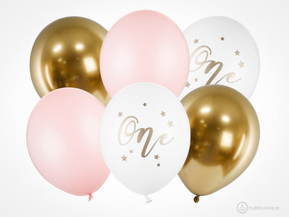 Balões de latex rosa com 30 centímetros de diâmetro para decoração festa aniversário de 1 ano / 1 aninho de menina.