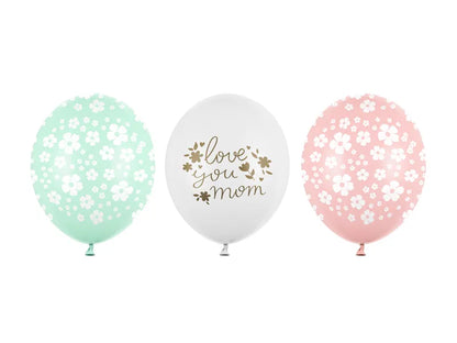 Conjunto de balões de latex Love You Mum, para Dia da Mãe, com 30cm de diâmetro.
Aptos para enchimento com hélio.