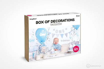 Kit de festa para decoração de festa aniversário 1 ano / 1 aninho menino.
Inclui bandeirola, grinalda, topo de bolo, toppers, formas cupcake, palhinhas, balões.