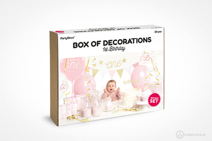 Kit de festa para decoração de festa aniversário 1 ano / 1 aninho menina.
Inclui bandeirola, grinalda, topo de bolo, toppers, formas cupcake, palhinhas, balões.