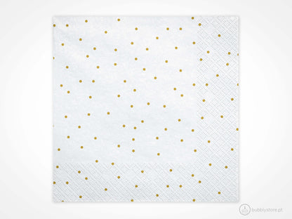 Guardanapos brancos com bolinhas douradas, com a medida de 16,5 x 16,5 cm. Cada embalagem é composta por 20 unidades.