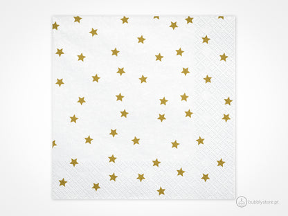 Guardanapos brancos com estampa de Estrelas douradas, com a medida de 16,5 x 16,5 cm. Cada embalagem é composta por 20 unidades.