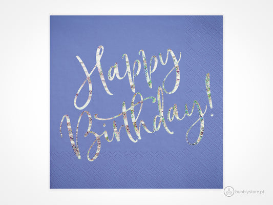 Guardanapos azuis com letras iridescente, com a medida de 16,5 x 16,5 cm. Cada embalagem é composta por 20 unidades.