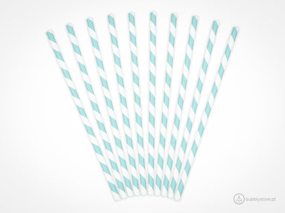 Palhinhas de papel com riscas azuis claro e brancas , com a altura de 19,5 cm. Cada embalagem é composta por 10 unidades.