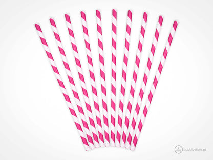 Palhinhas de papel com riscas rosa escuro e brancas , com a altura de 19,5 cm. Cada embalagem é composta por 10 unidades.