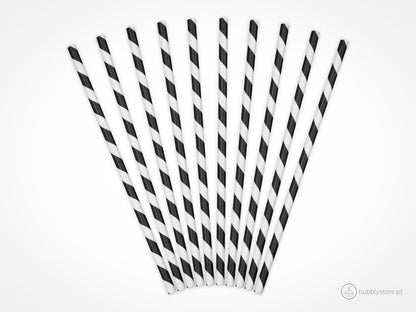 Palhinhas de papel com riscas pretas e brancas , com a altura de 19,5 cm. Cada embalagem é composta por 10 unidades.