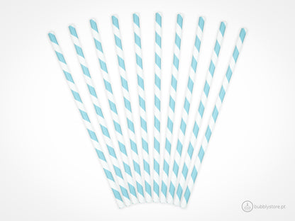 Palhinhas de papel com riscas azuis céu e brancas , com a altura de 19,5 cm. Cada embalagem é composta por 10 unidades.