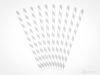 Palhinhas de papel com riscas cinzentas e brancas , com a altura de 19,5 cm. Cada embalagem é composta por 10 unidades.