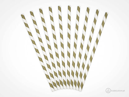 Palhinhas de papel com riscas douradas brilhante e brancas , com a altura de 19,5 cm. Cada embalagem é composta por 10 unidades.