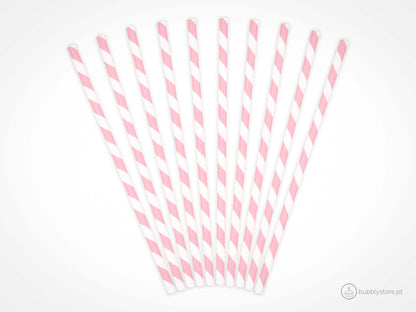 Palhinhas de papel com riscas rosa claro e brancas , com a altura de 19,5 cm. Cada embalagem é composta por 10 unidades.