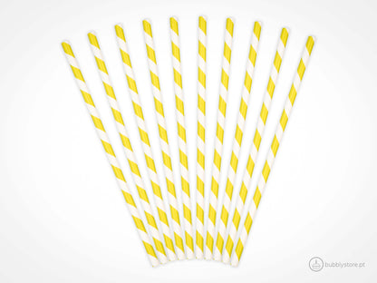 Palhinhas de papel com riscas amarelas e brancas , com a altura de 19,5 cm. Cada embalagem é composta por 10 unidades.