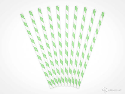 Palhinhas de papel brancas com riscas verdes, com a altura de 19,5 cm.
Cada embalagem é composta por 10 unidades.
