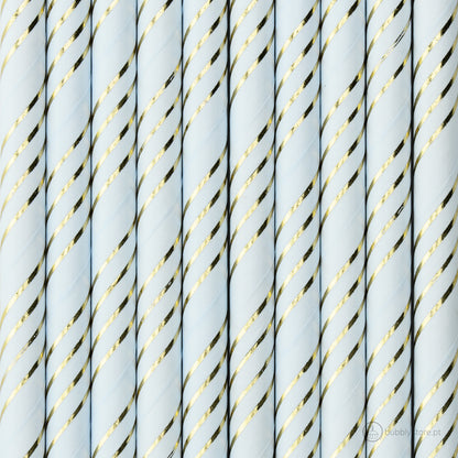 Palhinhas de papel azul claro com listras douradas, com a altura de 19,5 cm. Cada embalagem é composta por 10 unidades.
