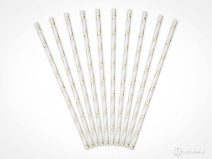 Palhinhas de papel brancas com flores metálicas douradas, com a altura de 19,5 cm.
Cada embalagem é composta por 10 unidades.