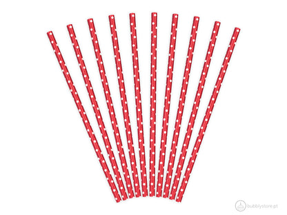 Palhinhas de papel vermelhas com bolinhas brancas, com a altura de 19,5 cm.
Cada embalagem é composta por 10 unidades.