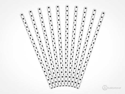 Palhinhas de papel brancas com bolinhas pretas, com a altura de 19,5 cm. Cada embalagem é composta por 10 unidades.