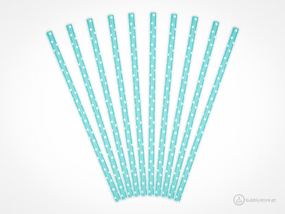 Palhinhas de papel azul céu com bolinhas brancas, com a altura de 19,5 cm. Cada embalagem é composta por 10 unidades.
