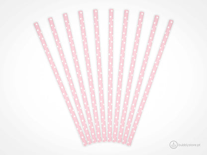 Palhinhas de papel rosa claro com bolinhas brancas, com a altura de 19,5 cm. Cada embalagem é composta por 10 unidades.