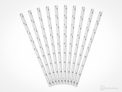 Palhinhas de papel com estrelas prateadas , com a altura de 19,5 cm. Cada embalagem é composta por 10 unidades.