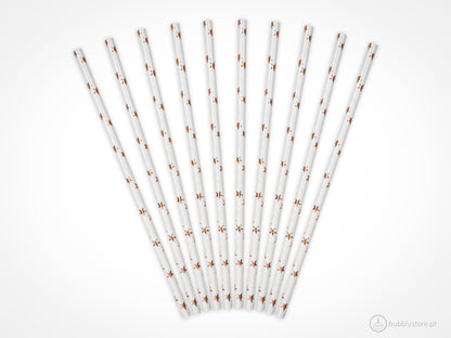 Palhinhas de papel brancas com estrelas metálicas rose gold, com a altura de 19,5 cm.
Cada embalagem é composta por 10 unidades.