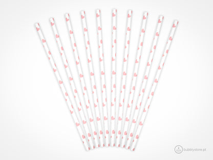 Palhinhas de papel brancas com corações rosa, com a altura de 19,5 cm. Cada embalagem é composta por 10 unidades.
