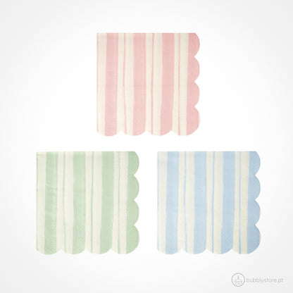 Guardanapos com riscas em 3 cores diferentes, com a medida de 12,5 x 12,5 cm.
Cada embalagem é composta por 16 unidades.
