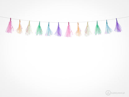 Grinalda Tassel multicolorida para decoração de festa aniversário, com 1,20m de comprimento.