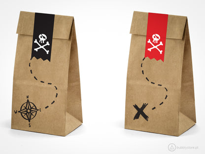 Sacos para doces ou brindes em papel kraft, da temática Piratas, com a medida de 8 x 18 x 6.
Cada embalagem é composta por 6 sacos e 6 stickers.