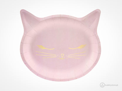 Pratos em formato de gato rosa com a medida de 22 x 20 cm. Disponíveis em conjuntos de 6 unidades.