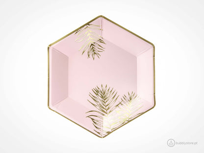 Pratos rosa com folhas douradas com 23 cm de diâmetro para decoração festa aniversário. 
Disponíveis em conjuntos de 6 unidades.