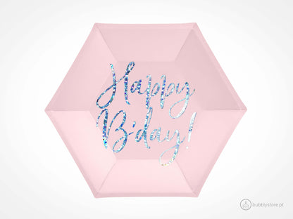 Pratos rosa com letras em iridescente com 20 cm de diâmetro.  Disponíveis em conjuntos de 6 unidades.