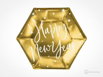 Pratos dourados com letras e estrelas em branco com 20 cm de diâmetro para decoração de festa aniversário / ano novo / passagem de ano.