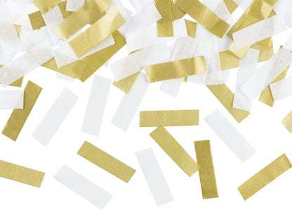 Canhão de confetis rectangulares dourados e brancos para festa ou aniversário, com comprimento de 35cm.