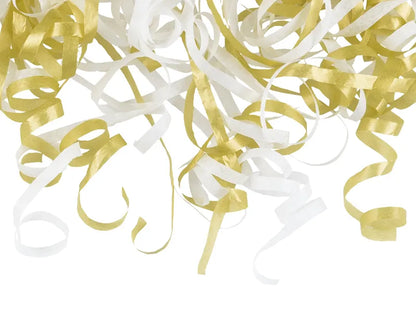 Canhão de confetis com fitas douradas e brancas para festa ou aniversário, com comprimento de 25cm.