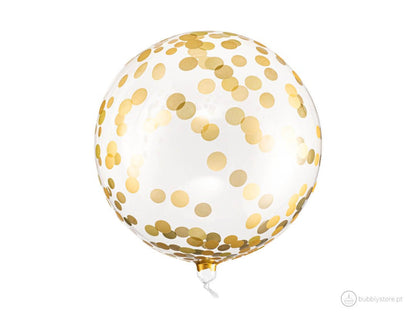 Balão transparente para decoração de festa ou aniversário com confetis dourados, com 40 cm de diâmetro.