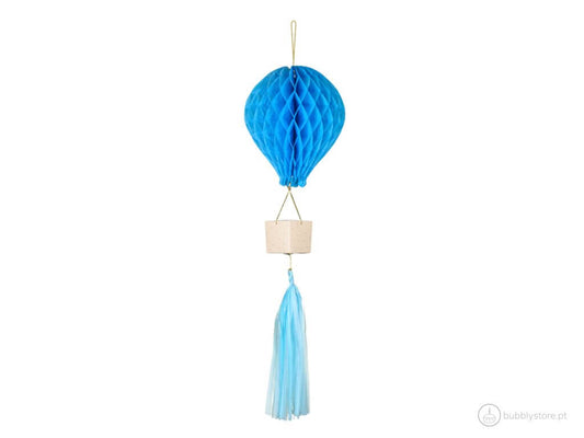 Decoração balão de ar azul em papel, com as medidas: 
Balão - 28cm
Cesta - 7cm
Tassel - 35cm