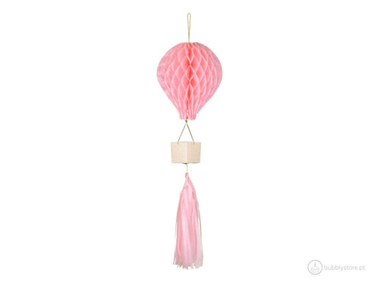 Decoração balão de ar rosa em papel, com as medidas: 
Balão - 28cm
Cesta - 7cm
Tassel - 35cm