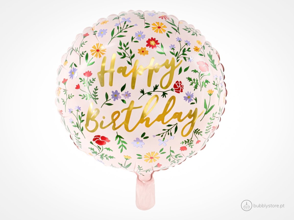 Balão rosa com estampa floral colorida, com diâmetro de 35cm após enchimento. Apto para enchimento com hélio. Enchimento não incluído.