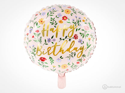 Balão rosa com estampa floral colorida, com diâmetro de 35cm após enchimento. Apto para enchimento com hélio. Enchimento não incluído.