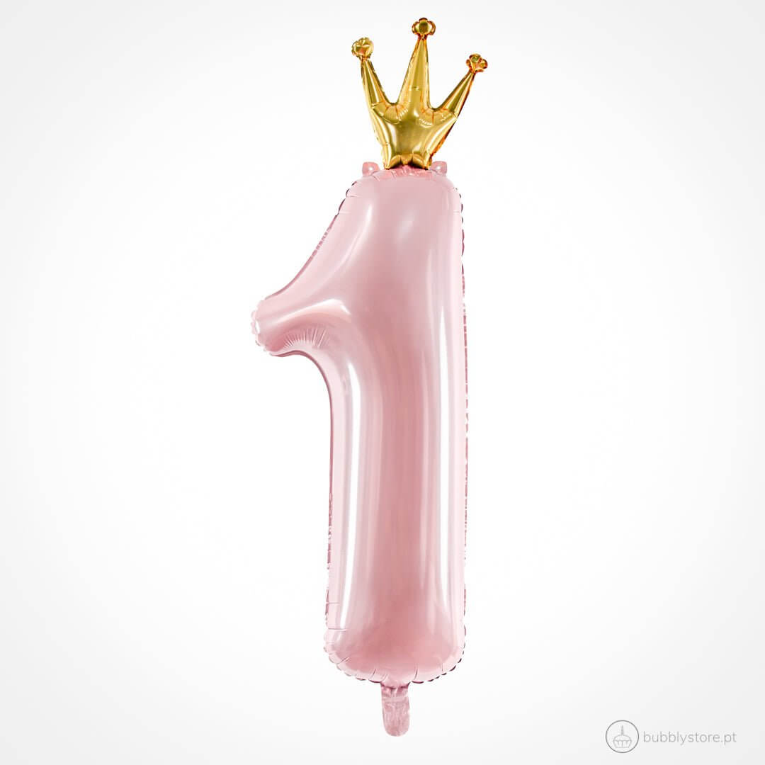 Balão Número 1 Rosa Claro c/ Coroa Dourada - Bubbly