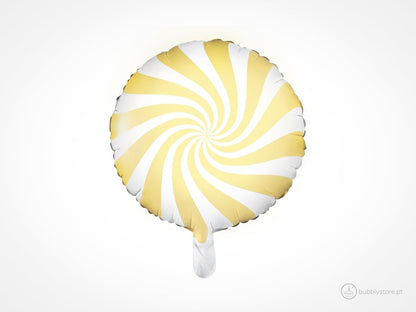 Balão brilhante em forma de rebuçado, com diâmetro de 35cm após enchimento. Apto para enchimento com hélio. Enchimento não incluído.