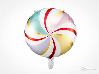 Balão brilhante em forma de rebuçado, com diâmetro de 35cm após enchimento. Apto para enchimento com hélio. Enchimento não incluído.