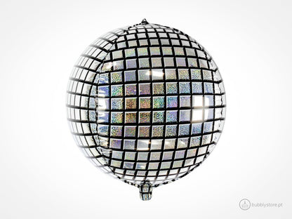 Balão brilhante redondo com formato de bola de espelhos, com 40cm de diâmetro. Apto para enchimento com hélio. Enchimento não incluído.