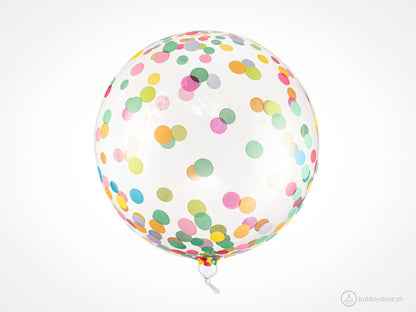 Balão transparente com estampa de confetis multicoloridos, com a medida de 40cm. Cada embalagem contém 1 unidade.
