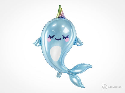 Balão metálico em forma de unicórnio do mar, com 53 x 87cm após enchimento. Apto para enchimento com hélio. Enchimento não incluído.