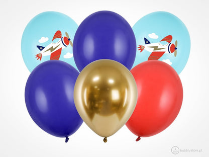 Balões de latex com desenho de avião / aviões com 30 centímetros de diâmetro para decoração de festa aniversário.