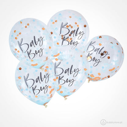 Conjunto de balões Baby Boy com confetis dourados e azuis, com a medida de 30cm. Cada embalagem contém 5 unidades.