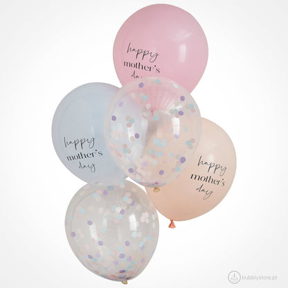 Conjunto de balões do dia da mãe em 3 cores diferentes, com 30 cm. Cada embalagem contém 5 unidades, 2 com confetis e 3 com impressão Happy Mother`s Day.