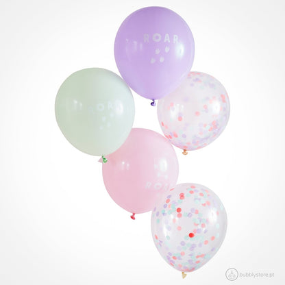 Conjunto de balões para festa de aniversário do tema dinossauros para menina em tons rosa.
Inclui 5 balões de 30cm, 2 balões c confetis e 3 balões c impressão